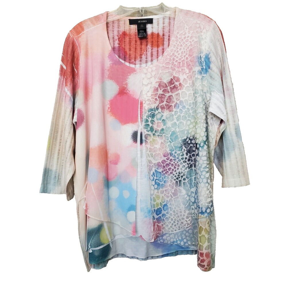 Ali Miles Mixed Print Tiered Overlay Scoop Neck Tunic Size PXL Art to Wear Artsy